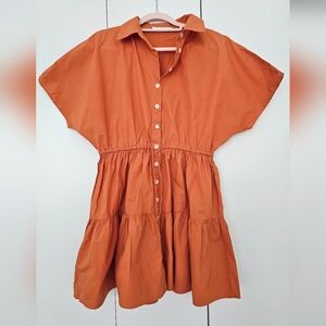 🍂 Mango Rust Button-Front Tiered Shirt Dress – Size M